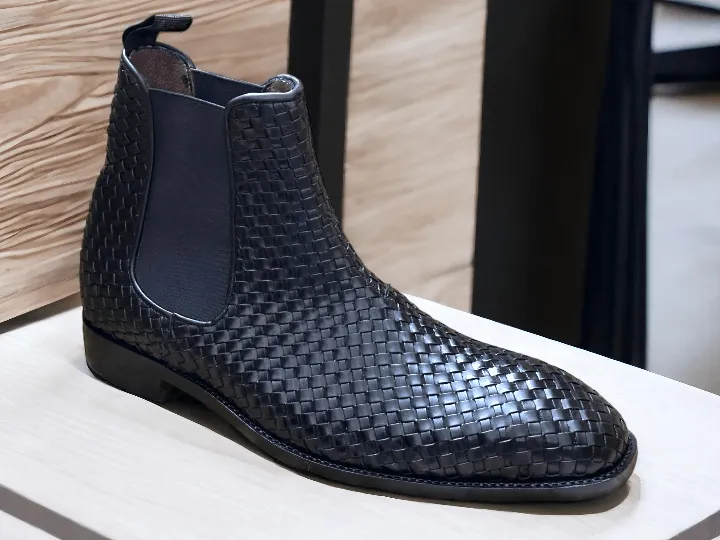 Awesome Handmade Men's Black Woven Leather Chelsea Boots, Men Fashion Dress Ankle Boots