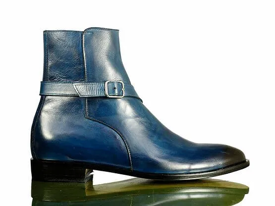 Awesome Handmade Men's Blue Leather Jodhpur Strap Boots, Men Ankle Boots, Men Fashion Boots