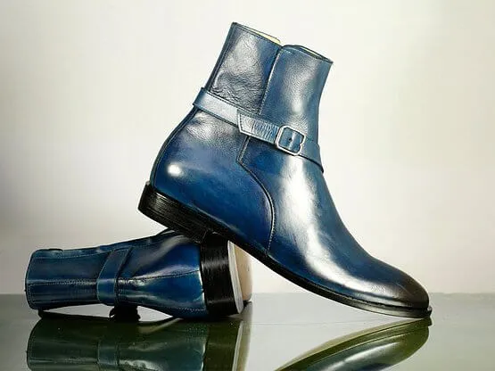 Awesome Handmade Men's Blue Leather Jodhpur Strap Boots, Men Ankle Boots, Men Fashion Boots