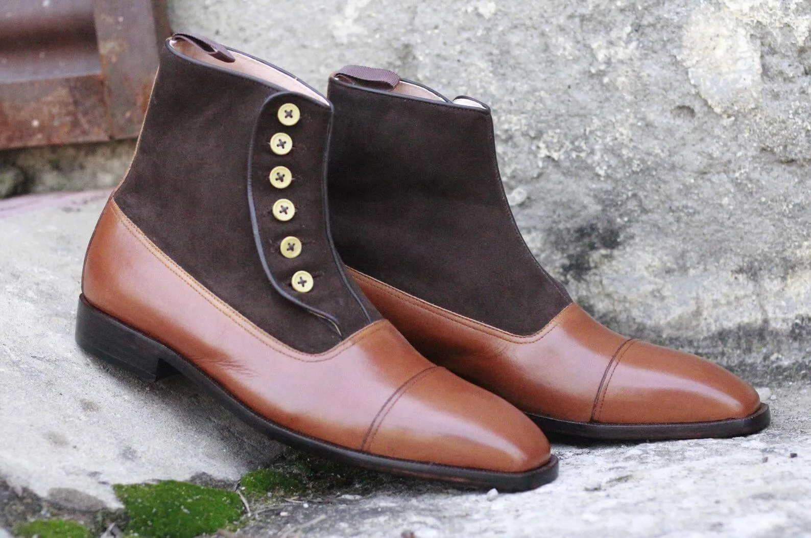 Awesome Handmade Men's Brown Leather Suede Cap Toe Button Boots, Men Ankle Fashion Boots