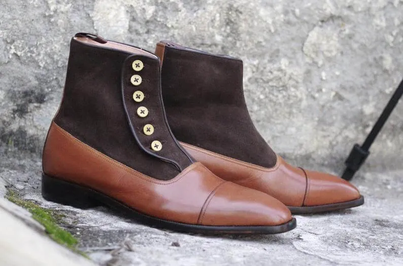 Awesome Handmade Men's Brown Leather Suede Cap Toe Button Boots, Men Ankle Fashion Boots