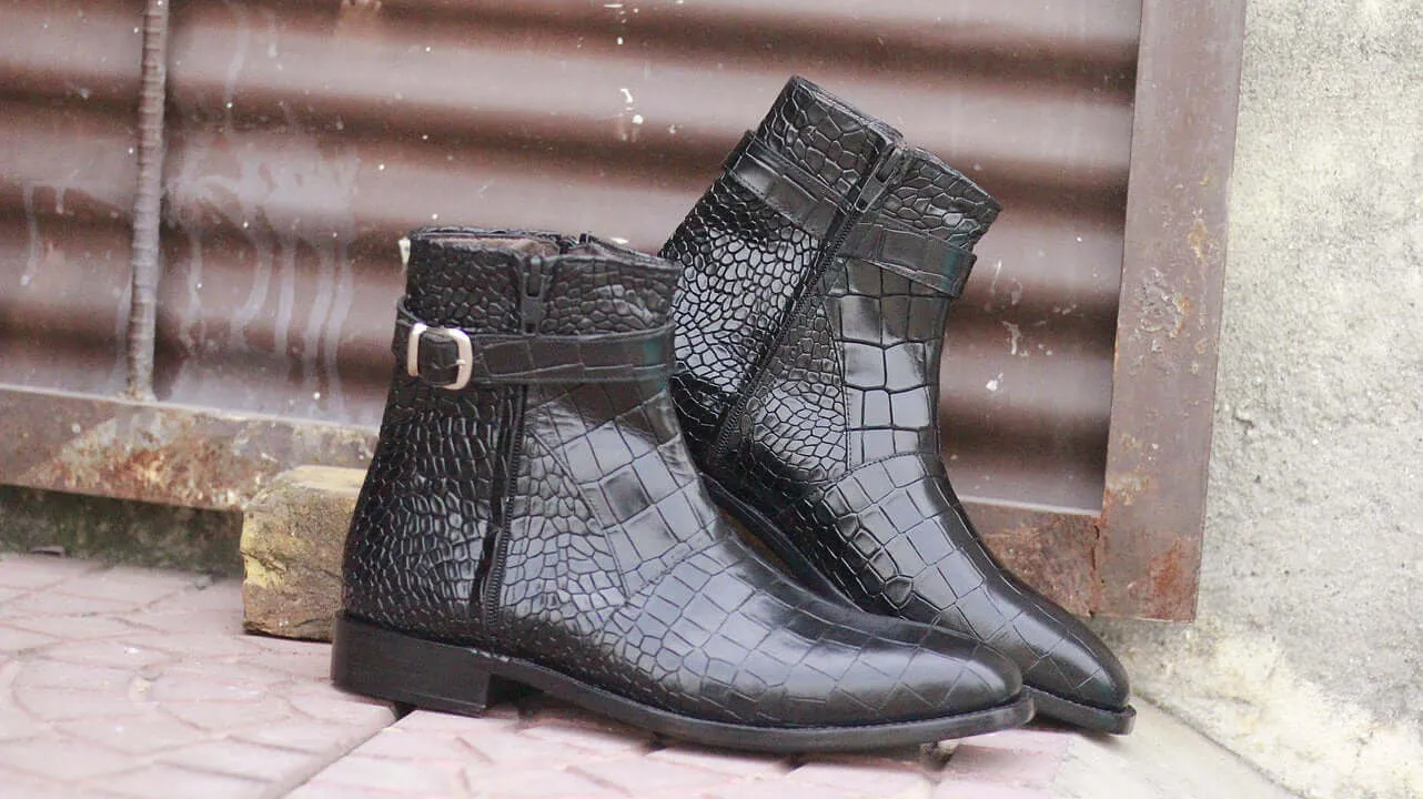 Awesome New Handmade Men's Black Alligator Textured Leather Zipper Boots, Men Fashion Dress Ankle Boots