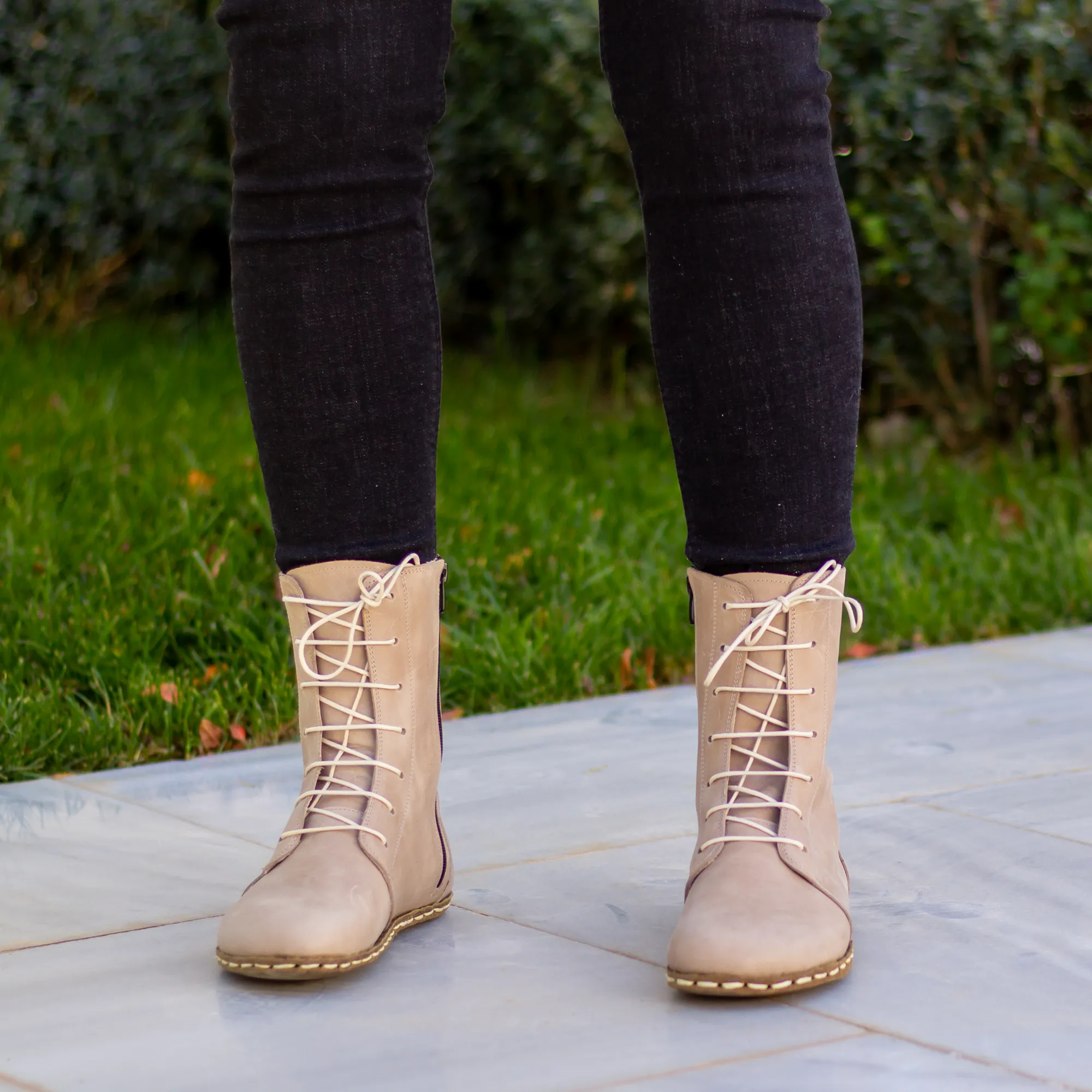 Barefoot Leather Lace-up Cream Boots for Women