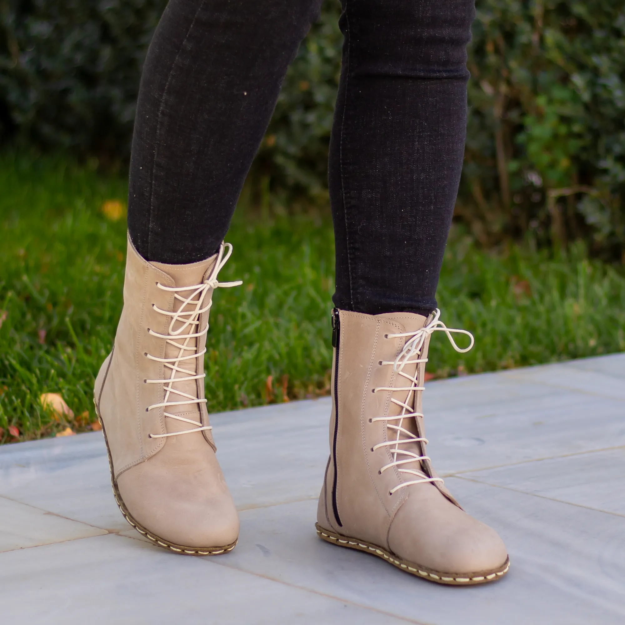 Barefoot Leather Lace-up Cream Boots for Women