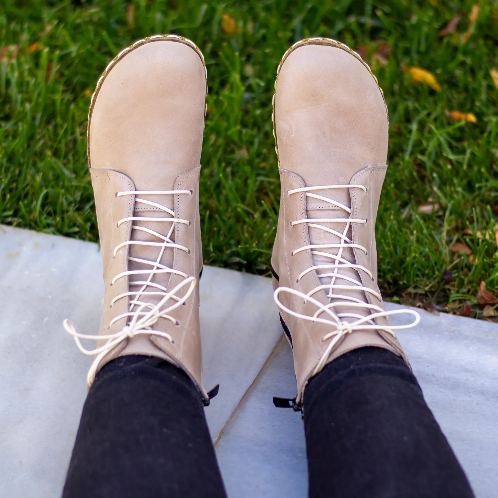 Barefoot Leather Lace-up Cream Boots for Women