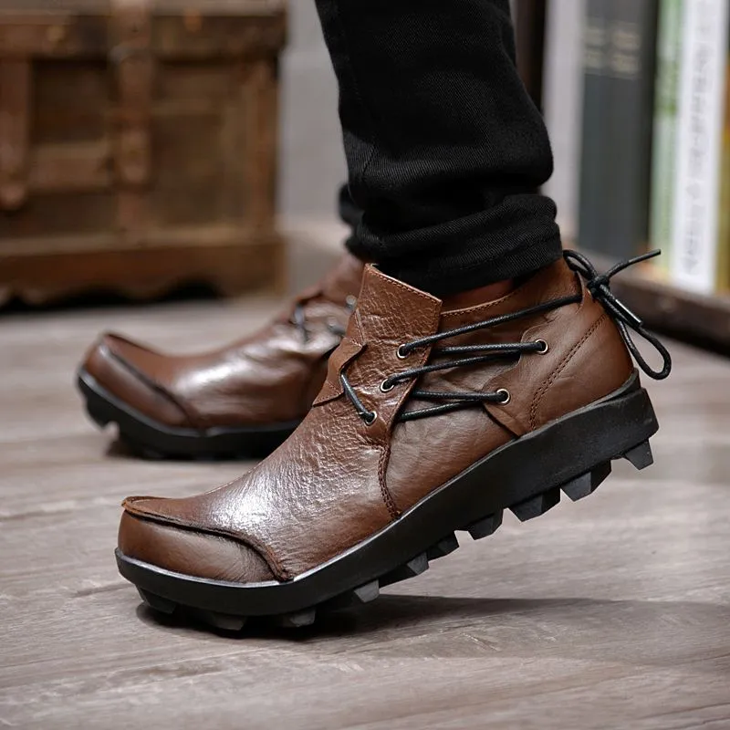 Curved Toe Men Leather Side Laced Boots