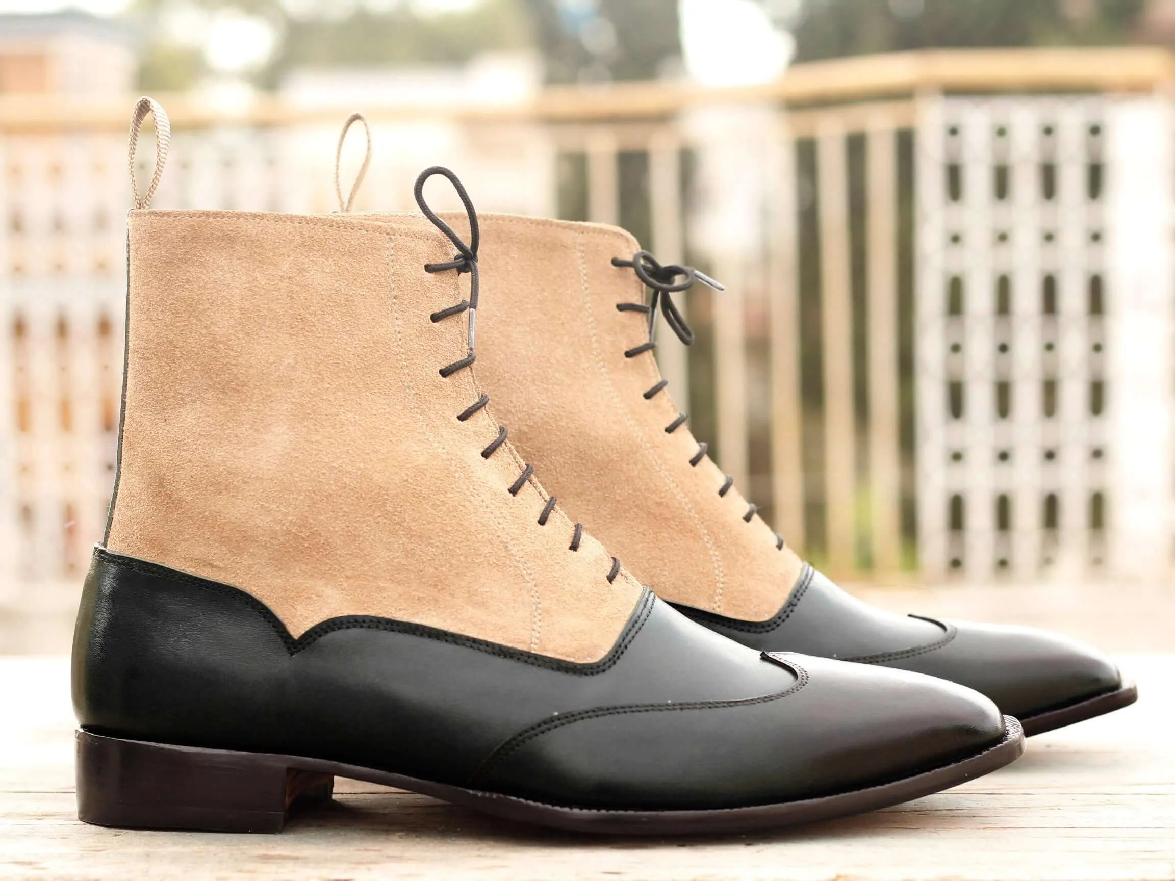 Elegant Handmade Men's Black Beige Dress Ankle High Boots, Men Leather Suede Designer Boots