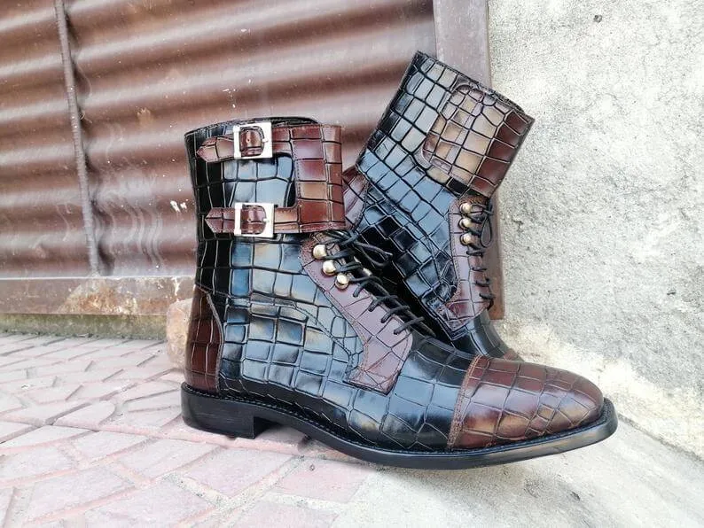 Elegant Men's Handmade Black Brown Alligator Textured Leather Boots, Men Fashion Ankle Boots