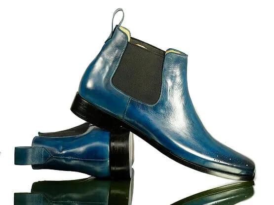 Handmade Men's Blue Leather Brogue Toe Chelsea Boots, Men Ankle Boots, Men Fashion Boots