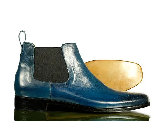 Handmade Men's Blue Leather Brogue Toe Chelsea Boots, Men Ankle Boots, Men Fashion Boots