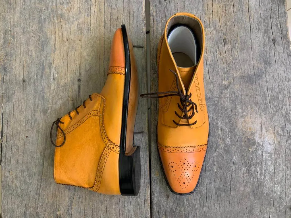 Handmade Men's Tan Leather Boots, Men Lace Up Dress Cap Toe Ankle High Boots