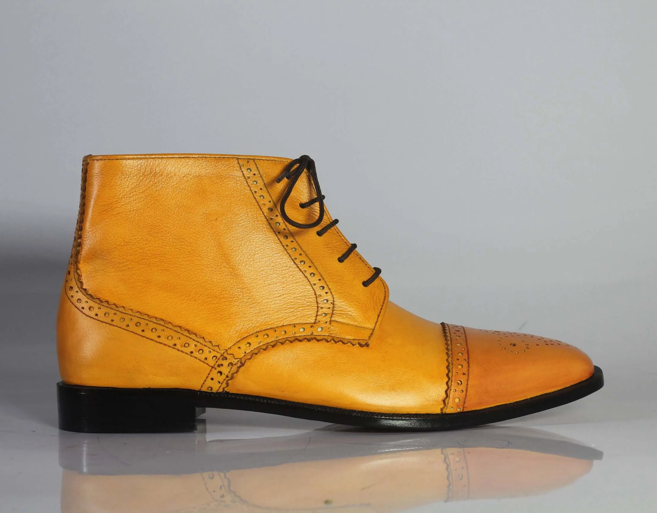 Handmade Men's Tan Leather Boots, Men Lace Up Dress Cap Toe Ankle High Boots