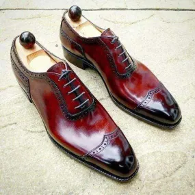 Handmade Two Tone Burgundy Wing Tip Classic Shoe