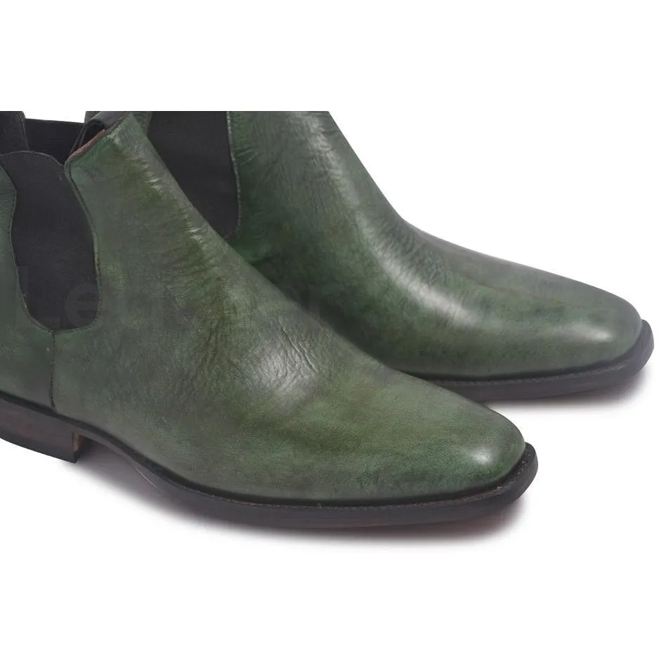 Men Chelsea Army Green Genuine Leather Boots