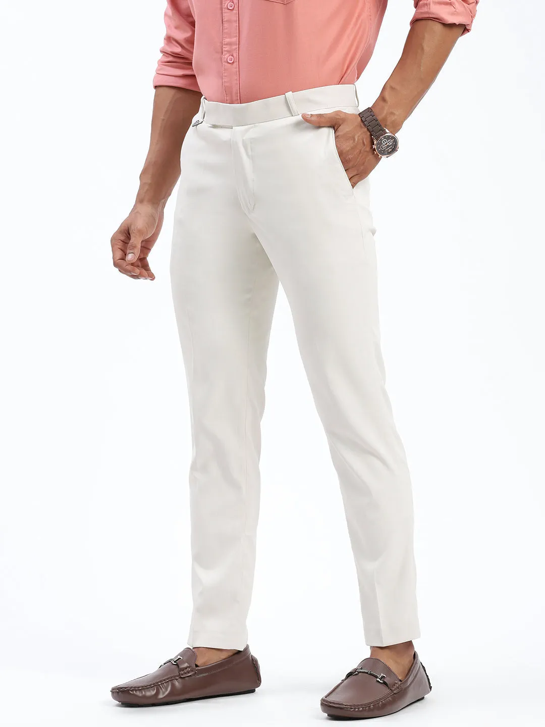 Men Solid Cream Formal Trousers