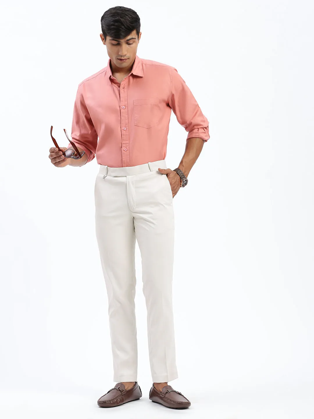 Men Solid Cream Formal Trousers