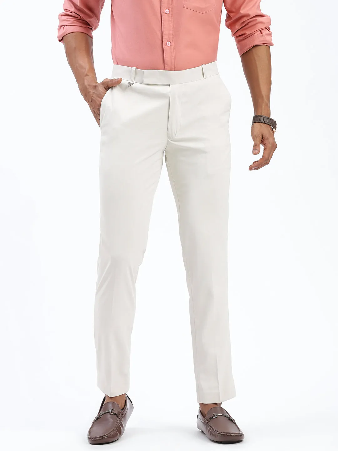 Men Solid Cream Formal Trousers