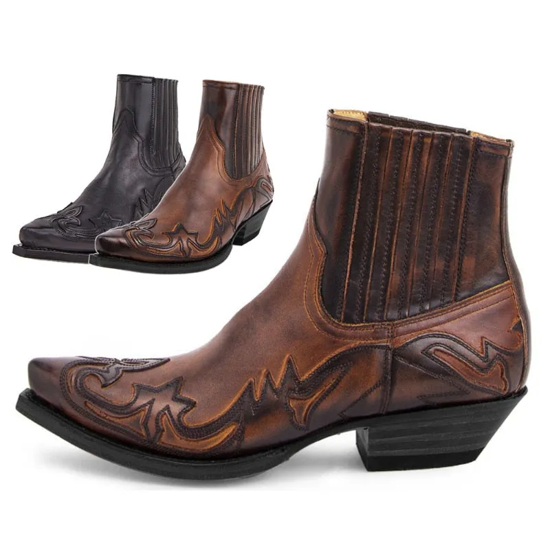 Men western cowboy flames on leather boots Chelsea cowboy boots