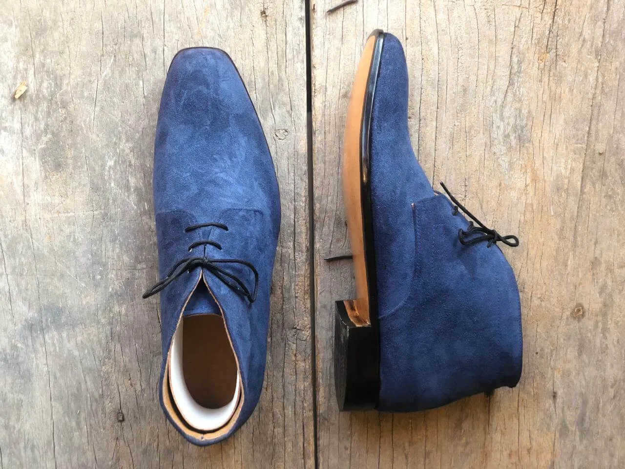 Men's Handmade Blue Ankle High Boots, Men's Lace Up Chukka Dress Casual Boots