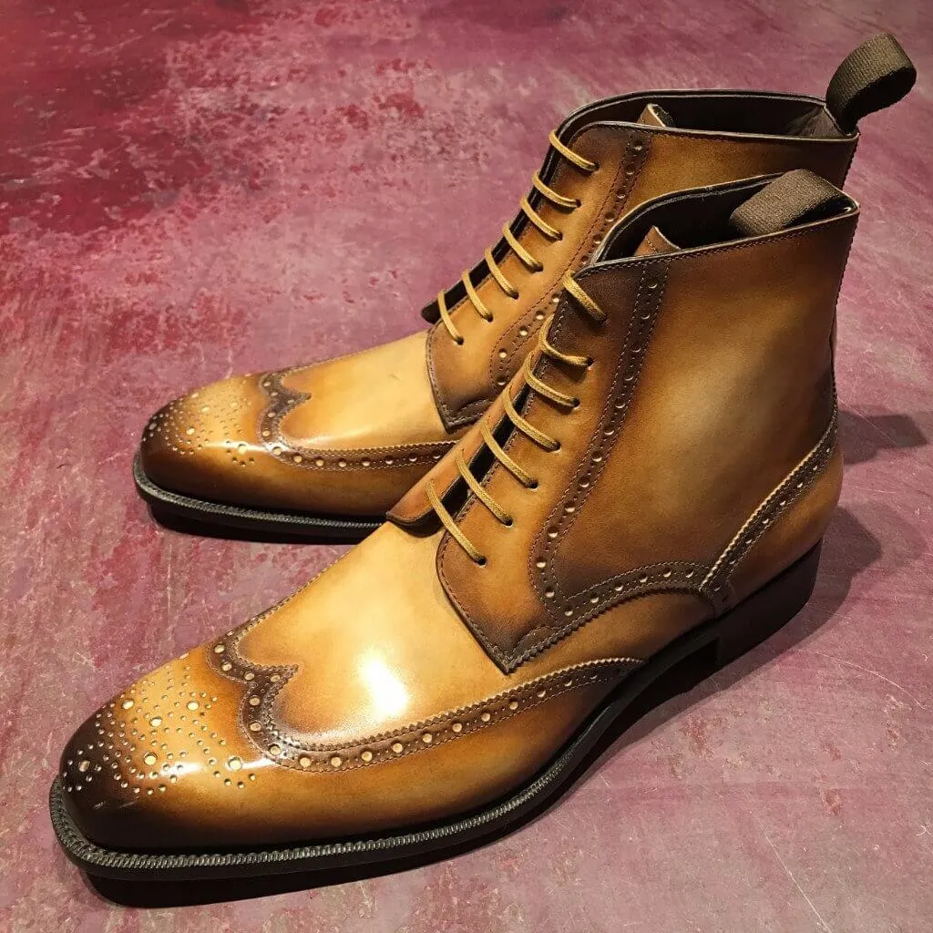 Stylish & Unique Handmade Men's Tan Patina Ankle High Boots,Top Quality Custom made boots