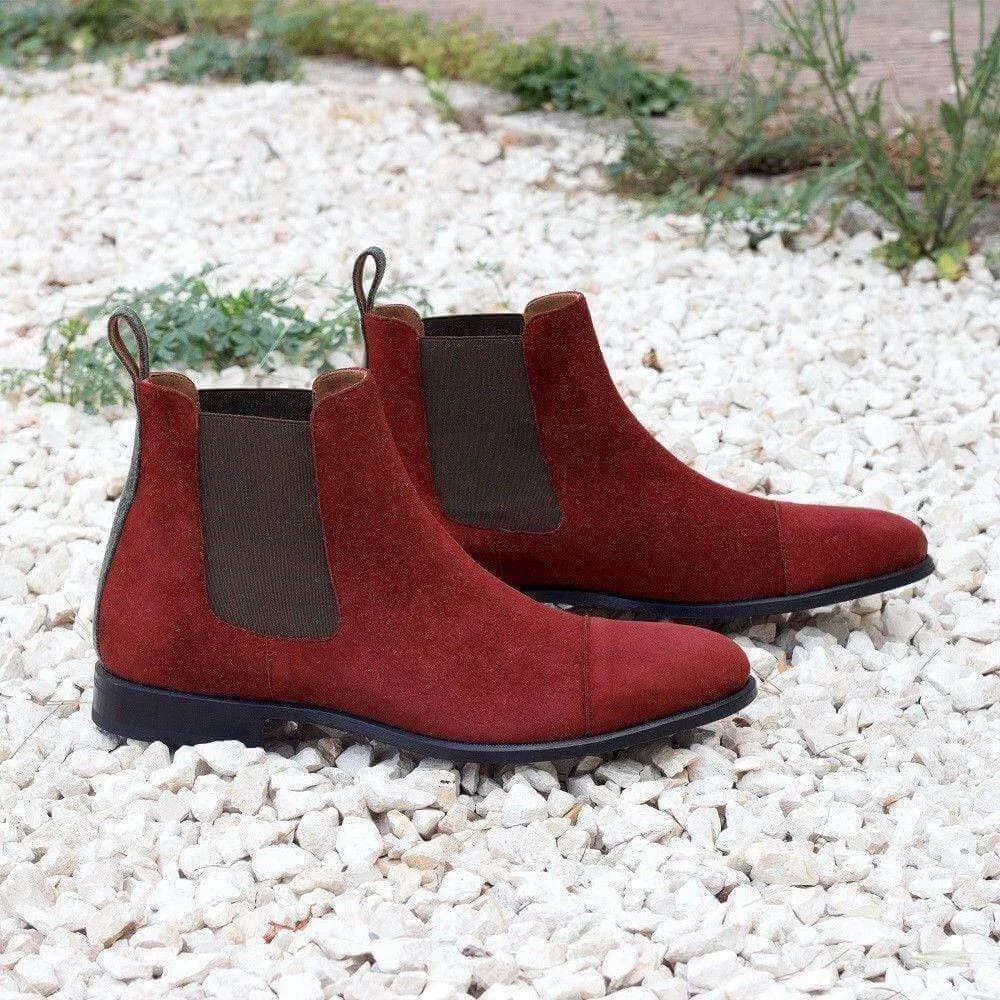 Stylish Handmade Men's Maroon Suede Chelsea Cap Toe Boots, Men Ankle Boots, Men Fashion Boots