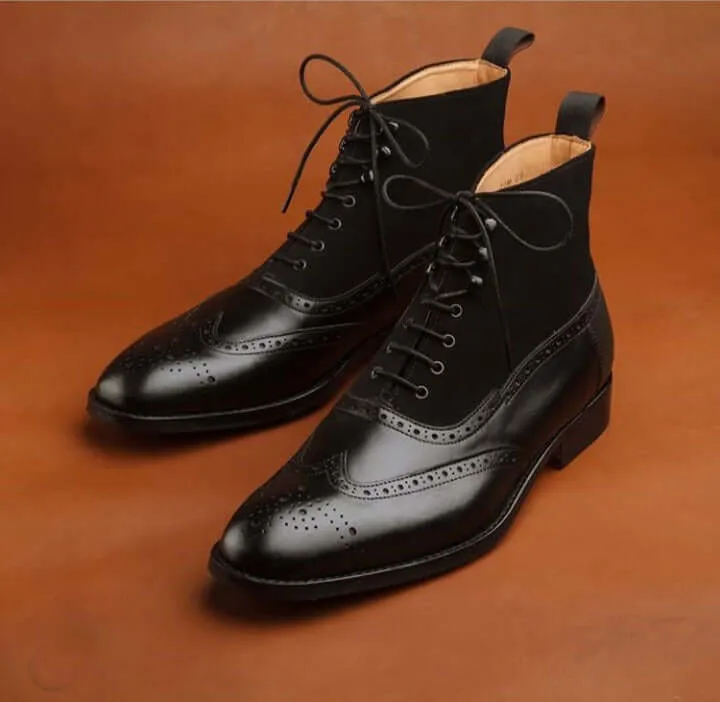 Stylish New Handmade Men's Dark Brown Lace Up Wing Tip Brogue Leather & Suede Boots