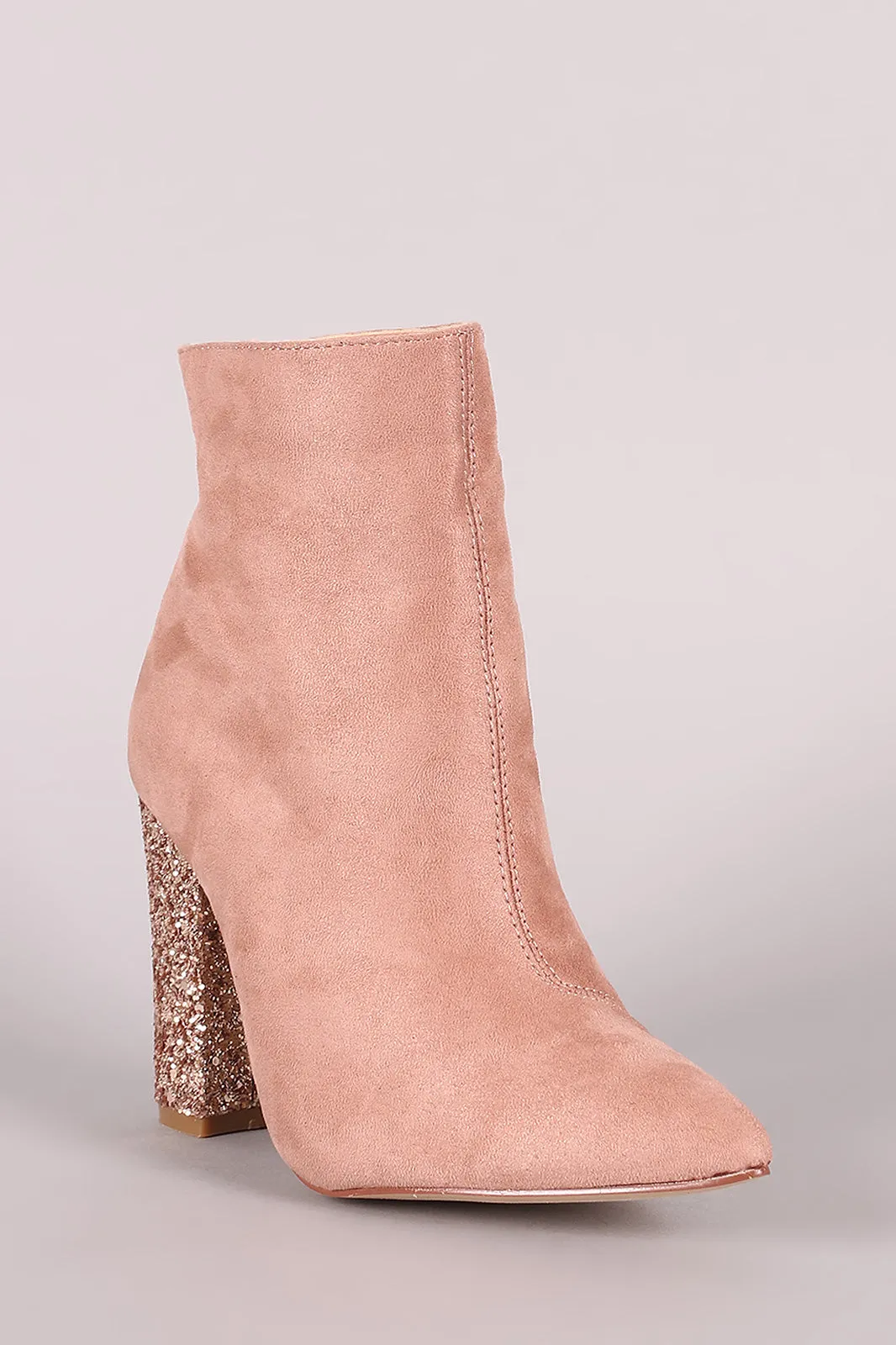 Suede Pointy Toe Glitter-Encrusted Chunky Heeled Ankle Boots