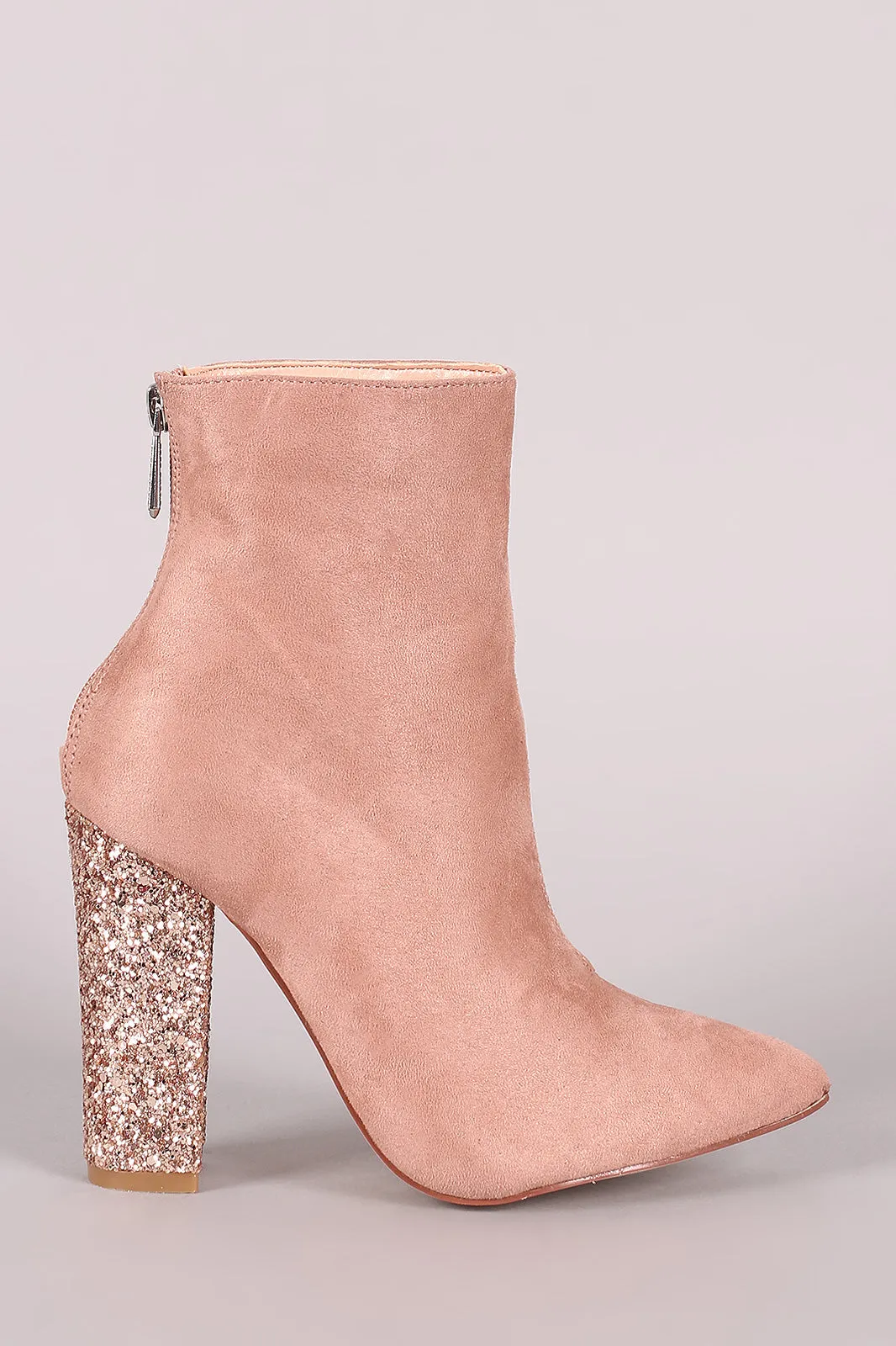 Suede Pointy Toe Glitter-Encrusted Chunky Heeled Ankle Boots