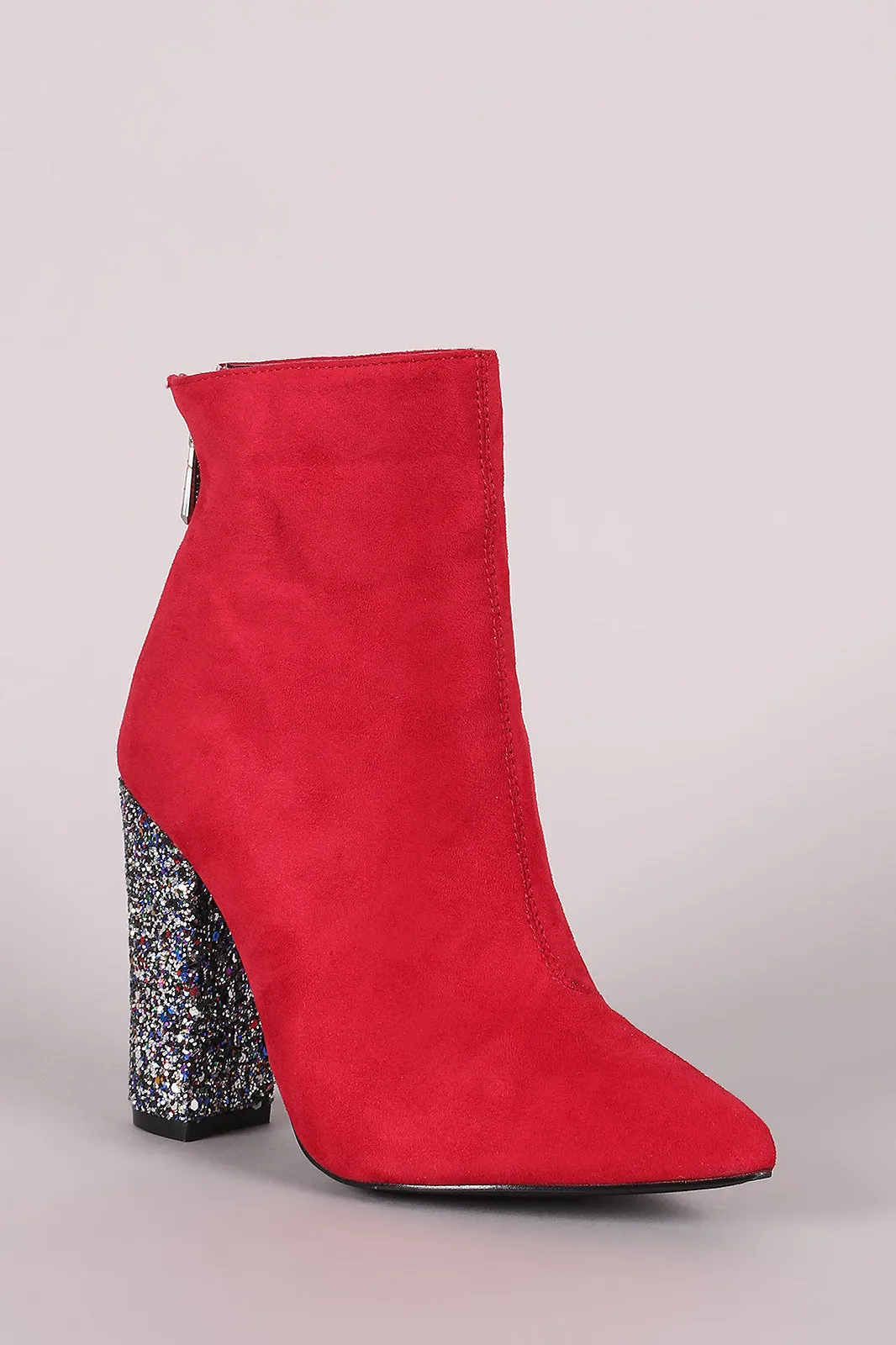 Suede Pointy Toe Glitter-Encrusted Chunky Heeled Ankle Boots