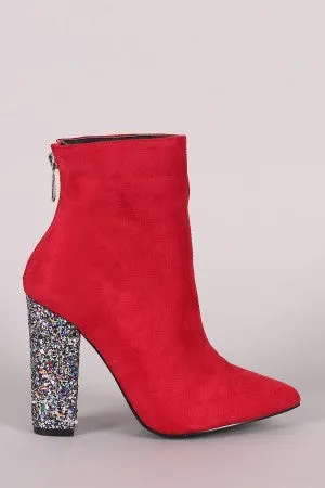 Suede Pointy Toe Glitter-Encrusted Chunky Heeled Ankle Boots