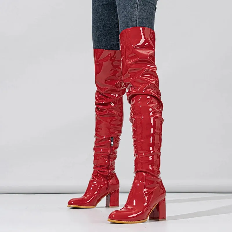 Women Red Pleated PU Over The Knee boots