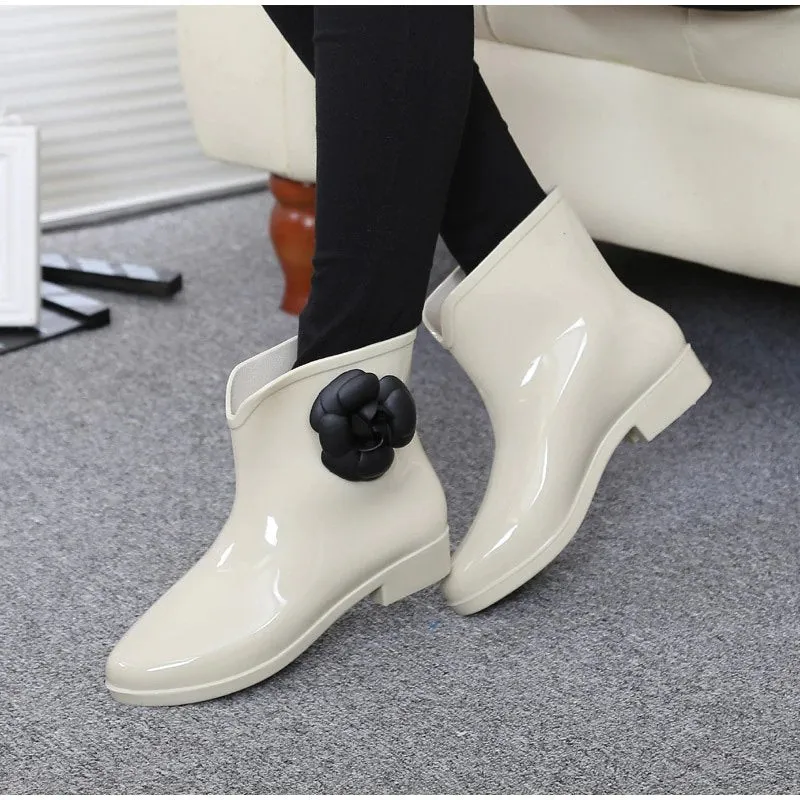 Women's Autumn Rubber Ankle Rain Boots With Decorative Flower/Bowtie