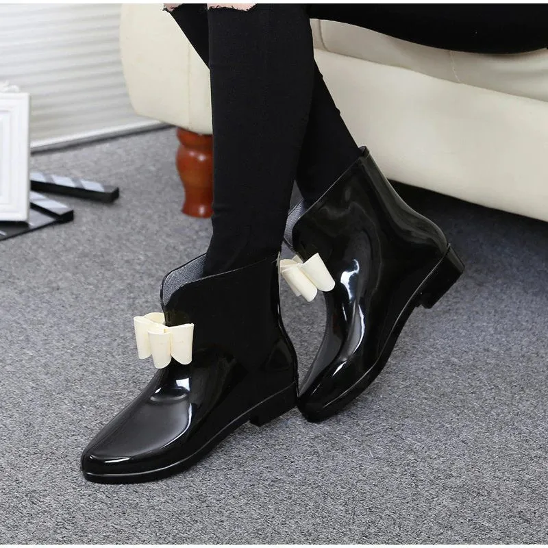 Women's Autumn Rubber Ankle Rain Boots With Decorative Flower/Bowtie