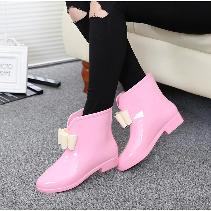 Women's Autumn Rubber Ankle Rain Boots With Decorative Flower/Bowtie