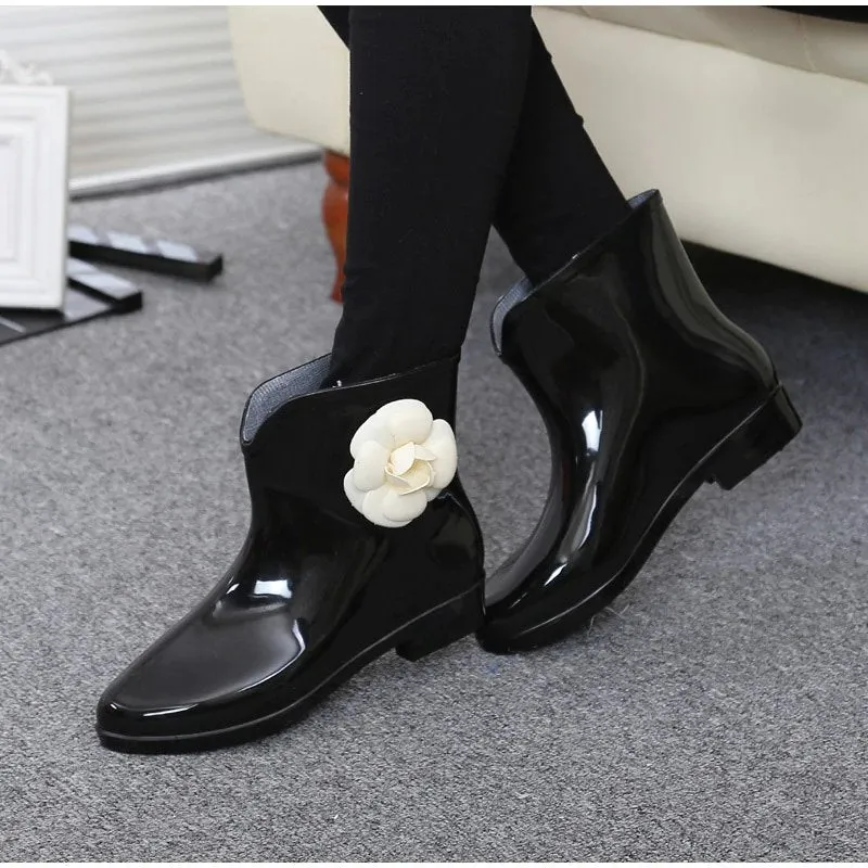 Women's Autumn Rubber Ankle Rain Boots With Decorative Flower/Bowtie