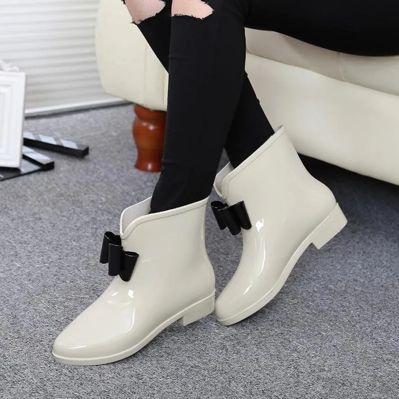 Women's Autumn Rubber Ankle Rain Boots With Decorative Flower/Bowtie