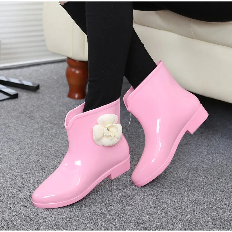 Women's Autumn Rubber Ankle Rain Boots With Decorative Flower/Bowtie