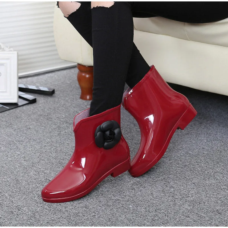 Women's Autumn Rubber Ankle Rain Boots With Decorative Flower/Bowtie