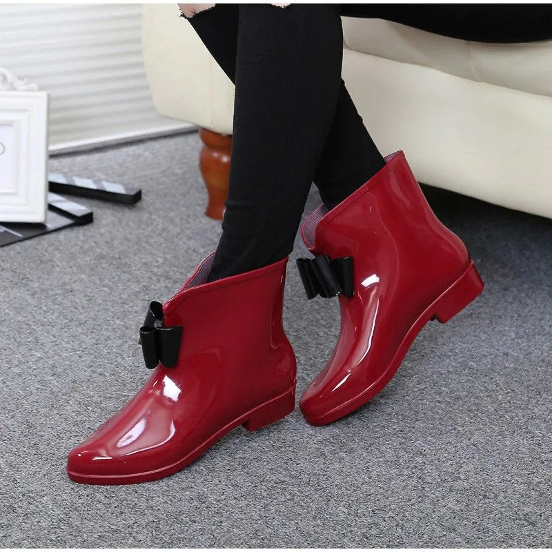 Women's Autumn Rubber Ankle Rain Boots With Decorative Flower/Bowtie